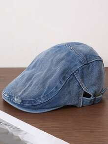 1pc Solid Color Washed Denim Newsboy Cap, Minimalist Vintage Beret Hat,Summer,Beach,Holiday,Festival,Travel - A - View 15