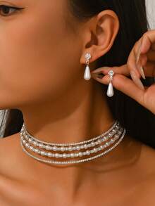 Set de 3 piezas de joyería elegante y lujosa para mujer con collares y aretes de múltiples capas con diamante de imitación y perlas falsas, adecuado para usar en fiestas - multicolor - Ver 2