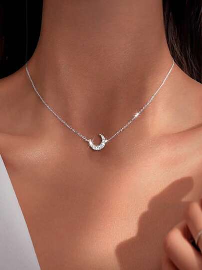 1pc S925 Sterling Silver Crescent Moon Necklace, Minimalist Elegant Delicate Choker Necklace, Versatile Luxury Fashion Gift For Women