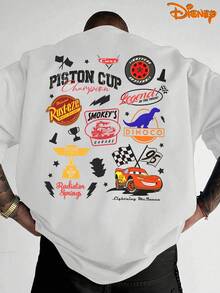Disney Men's Casual T-Shirt, Lightning McQueen "M" & Sponsor Logos Print, Racing Design, Relaxed Fit, Ideal For Car Fans & Streetwear - White - View 3
