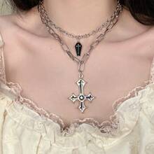 Gothic Style Oil Drop Coffin Cross Necklace, Unique Creative Layered Choker Necklace, Y2K Personalized Accessory - Multicolor - View 2