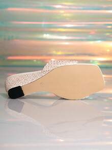 Apricot Braided Twist Wedge Mules Women Square Toe Woven Strap Wedge Heel Sandals - Apricot - View 6