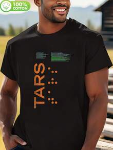 Camiseta con Gráfico del Robot Interstellar TARS |   Camiseta de manga corta de corte regular para adultos, con diseño de detalles en naranja y azul, aspecto vintage pre-desgastado, mercancía casual de películas de ciencia ficción, cómoda para todas las estaciones, camiseta de uso casual con aspecto vintage, estampado duradero, camiseta de algodón cómoda. - Negro - Ver 1