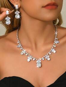 3pcs Zirconia Luxury Necklace, Earrings & Pink Tulip Jewelry Set, Fashionable Blooming Outfit Accessory - Multicolor - View 3