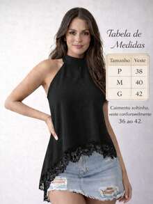 Women's High Neck Halter Blouse With Elegant Lace, Casual Chic, Summer 2026 - màu đen - Xem 3