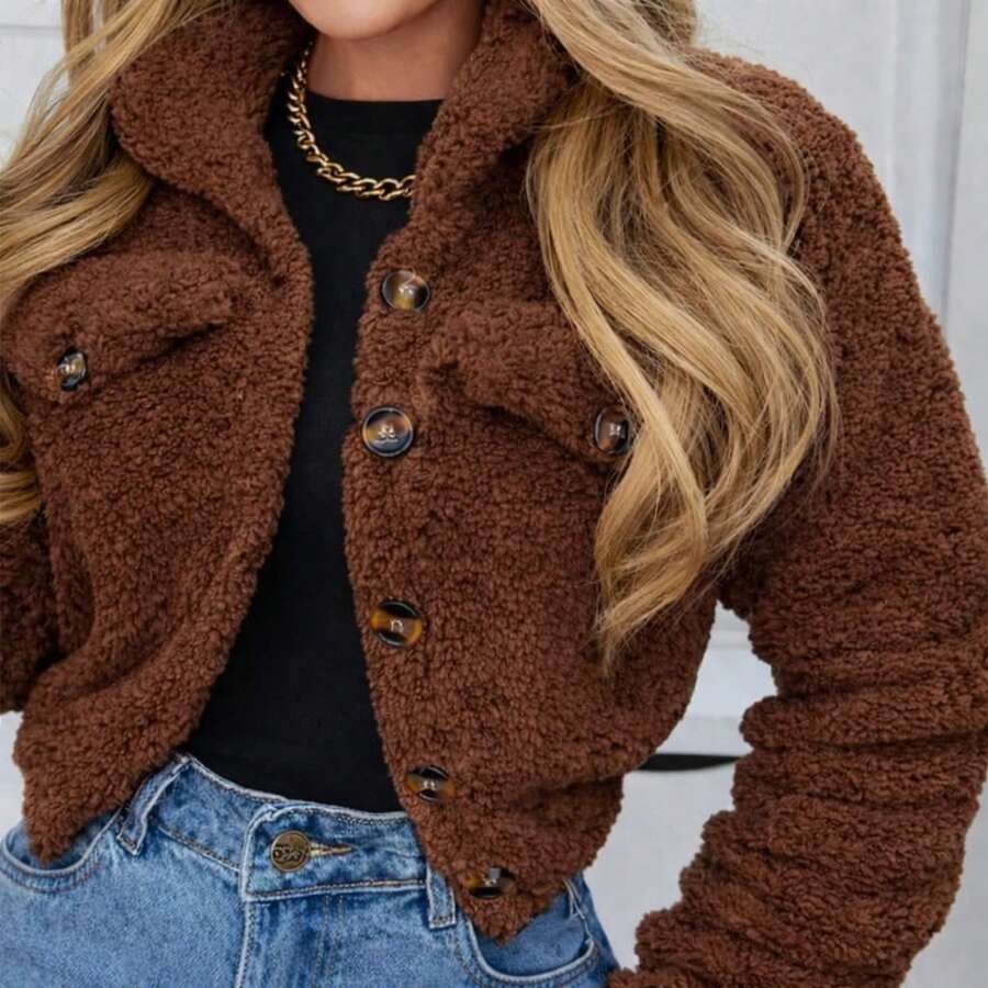 Teddy Coat With Buttons And Plush Lining - Rust Brown - View 1