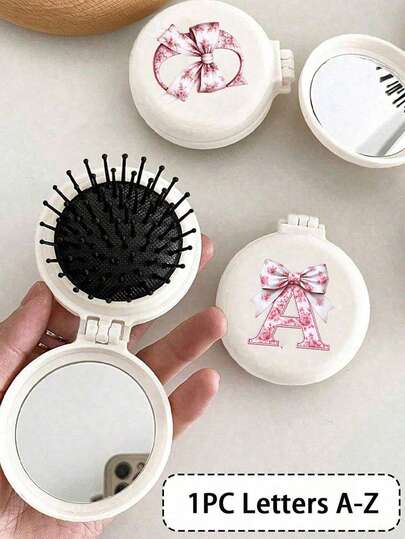 Printed With Pink Bow Letter A-Z 2-In-1 Foldable Comb & Makeup Mirror –Portable, Tabletop, Contemporary Beauty Tool For Travel,Folding Comb With Makeup Mirror, Easy To Carry, Perfect For Travel Outgoing Use, Dual-Use Air Cushion Comb, Scalp Massage Hair Comb,Travel Supplies, Weddings, Parties, Birthday Gifts, Accessories,Giveaways,Travel,Cheap Stuff,Travel Essential