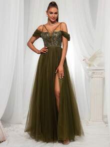 VIPGIRL Vestido de noche largo con hombros descubiertos, de malla con lentejuelas para mujer - Verde - Ver 2