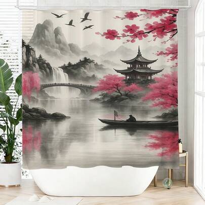 1pc Watercolor Landscape Printed Shower Curtain, Made Of Polyester, Waterproof, Non-Shading, Suitable For Home And Bathroom Decor, Comes With 12 Hooks.