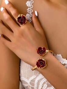 2 pezzi/set Bracciale multistrato floreale bordeaux e anello regolabile, set di gioielli elegante con fiore di rosa di alta qualità, adatto per feste, regalo di San Valentino - Bordò - Visualizzare 2