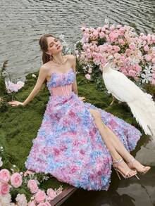 Faeriesty Vestido formal de noche de mujer con parches de malla floral sin tirantes, ajustado - Adecuado para fiesta de cumpleaños, sesión de fotos, gala, cena formal y otras ocasiones, color rosa primaveral para boda - Rosa - Ver 9