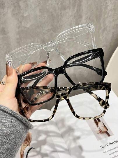 3pcs Women Leopard Print Bohemian PC (Polycarbonate) Square Oversized Transparent Glasses, All Seasons