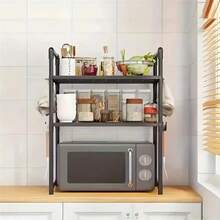 Kitchen Microwave Oven Rack, Oven Bread Maker Organizer Rack, Adjustable Shelf With Hooks, Space-Saving Storage Rack For Countertop/Wall, Multi-Functional Organizer, Kitchen Organization, Wall-Mounted Shelves, Stylish Storage, Easy Assembly, Small Kitchen - A - View 5
