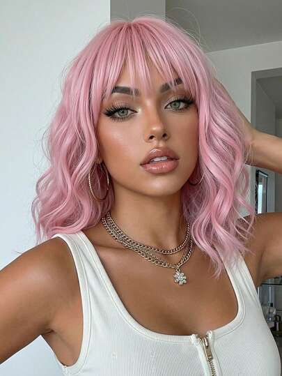 12英寸粉色短款波浪假发，女士款，机织耐热合成假发，带刘海