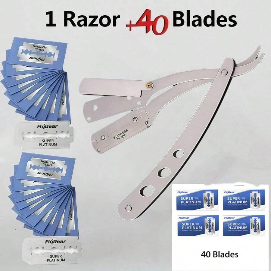 1 Shaving Set (1 Razor + 20 Blades) Premium Foldable Razor - Barbershop Quality Straight Edge Razor For Men's Facial Care, Manual Shaving, Beard Trimming And Hairdressing - Durable Stainless Steel, Ergonomic Design, Portable And Space Saving, Specifications: 1 Shaving Set (1 Razor + 20 Blades),1 Shaving Set (1 Razor + 10 Blades),1 Shaving Set (1 Razor + 40 Blades)