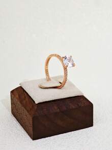 1pc Classic 4-Prong Round Cubic Zirconia Closed Ring, Luxurious Fully Paved Zirconia Setting, Suitable For Wedding, Couples - Rose Gold - View 1