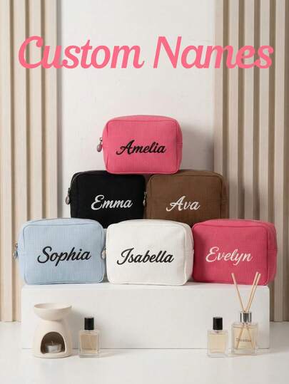 Personalized Waffle Plaid Cosmetic Bag: Embroidered Letter Combination Makeup Bag, White Waffle Plaid Toiletry Bag, Waffle Plaid Cosmetic Bag, Initial Monogram Makeup Bag, Gift For Her, Bachelorette Party Gift, Customized Makeup Bag, Customized Toiletry Bag, Name Toiletry Bag, Embroidered Bag, Gift For Women, Bridesmaid Gift