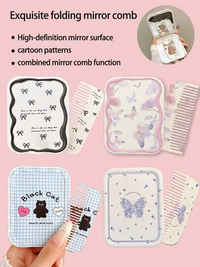 1pc Foldable Mirror Comb, New Ins Style French Cartoon Cute Polka Dot, Gradient Cat, Butterfly Flower, English Letter, Cloud, Bow, Star, Plaid, Heart Pattern Design Foldable Travel Mirror With Comb, Portable Makeup Tool, 2-In-1 Hair Brush Mirror For Travel, Dorm, Home Use, Gift For Friends, Family, Girlfriend, Valentine's Day, Mother's Day