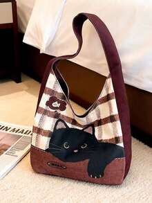 1pc Black Cartoon Cat & Dog All-Over Print + Funny Letter Print Thick Canvas Large Capacity Tote Bag, Casual College Style Shoulder Tote Bag For Daily Commute - Multicolor - View 2