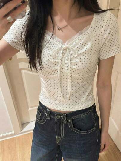 新款夏季法式甜美波点蕾丝领短袖T恤女装，系带修身露脐上衣