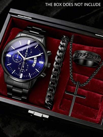 Set de 4 piezas Reloj de cuarzo minimalista y casual para hombres, conjunto de accesorios geniales y duros de color negro para hombres (incluye correa de reloj de metal negro, reloj de cuarzo multifunción de esfera azul, pulsera de eslabones cubanos negra, collar de cruz negro, anillo con relieve negro). Centrado en tonos de metal todo negro y azul profundo, el reloj con esfera azul y subdiales multifunción agrega un toque profesional, y la correa de metal es duradera y de moda.