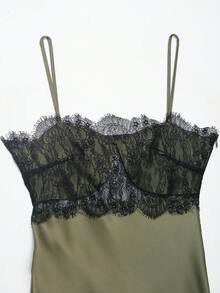 Vestido de satén con encaje asimétrico y estilo sexy, de moda para mujer en verano, con estilo elegante europeo y americano - Verde Oliva - Ver 3