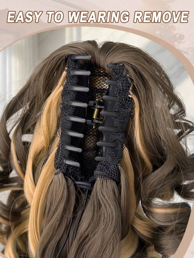 Tóc giả đuôi ngựa dài 12 inch, chất liệu sợi nhiệt dẻo, màu nâu, kiểu sóng sâu, thích hợp cho phụ nữ dự tiệc và sử dụng hàng ngày. - Màu nâu highlight - Xem 5