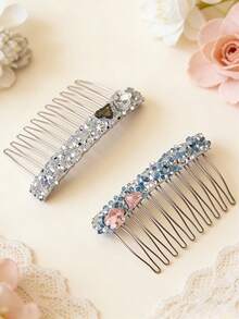 1pc/2pcs French Countryside Style Crystal Heart & Flower Hair Comb, New Luxury Elegant Bangs Clip Hair Accessory - Multicolor - View 3