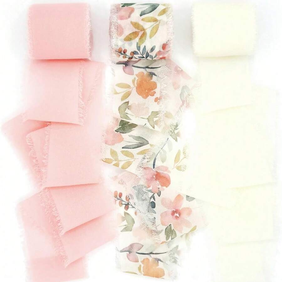3 Rolls 5m Fringe Chiffon, Holiday Ribbon, 1.5" X 16.5 Yards Total, For Wedding Invitations, Flower Bouquets, Crafts, Gift Wrapping - View 1