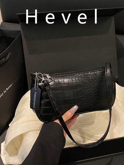 鳄鱼纹韩版女士手提包，新款时尚单肩包，简约新月形托特包，通勤包，绿色