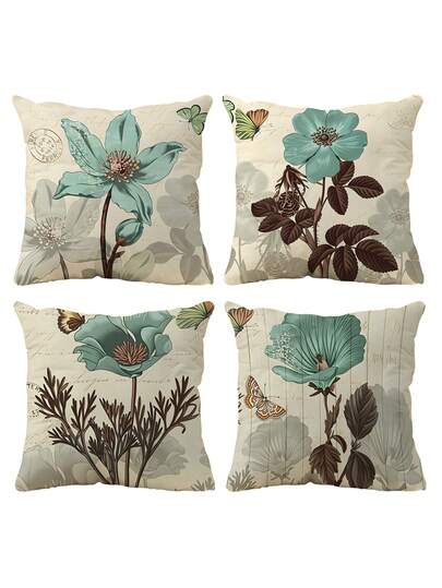 4pcs Vintage Floral Pattern Printed Pillow Covers (Pillow Insert Not Included), Home Decor Sofa Cushion Covers, Bedroom Headboard Pillow Covers, Car Seat Cushion Covers, Room Decor