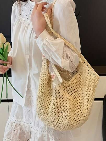 Hollow Woven Large Capacity Casual Shoulder Bag, Lace Trim Design Elegant Beach Holiday Shopping Tote