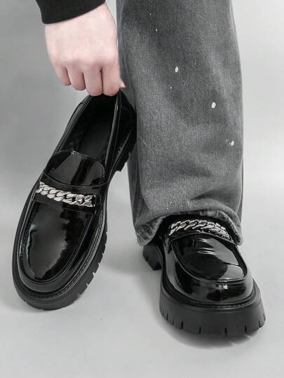 男士休闲时尚链条装饰套脚乐福鞋，亮面厚底德比鞋，正式婚礼办公正装鞋，黑色