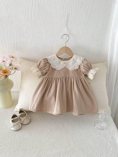 Toddler Girls' Loose Fit Hollow Out Peter Pan Collar Short Sleeve Dress, Spring/Autumn, Runs Slightly Large