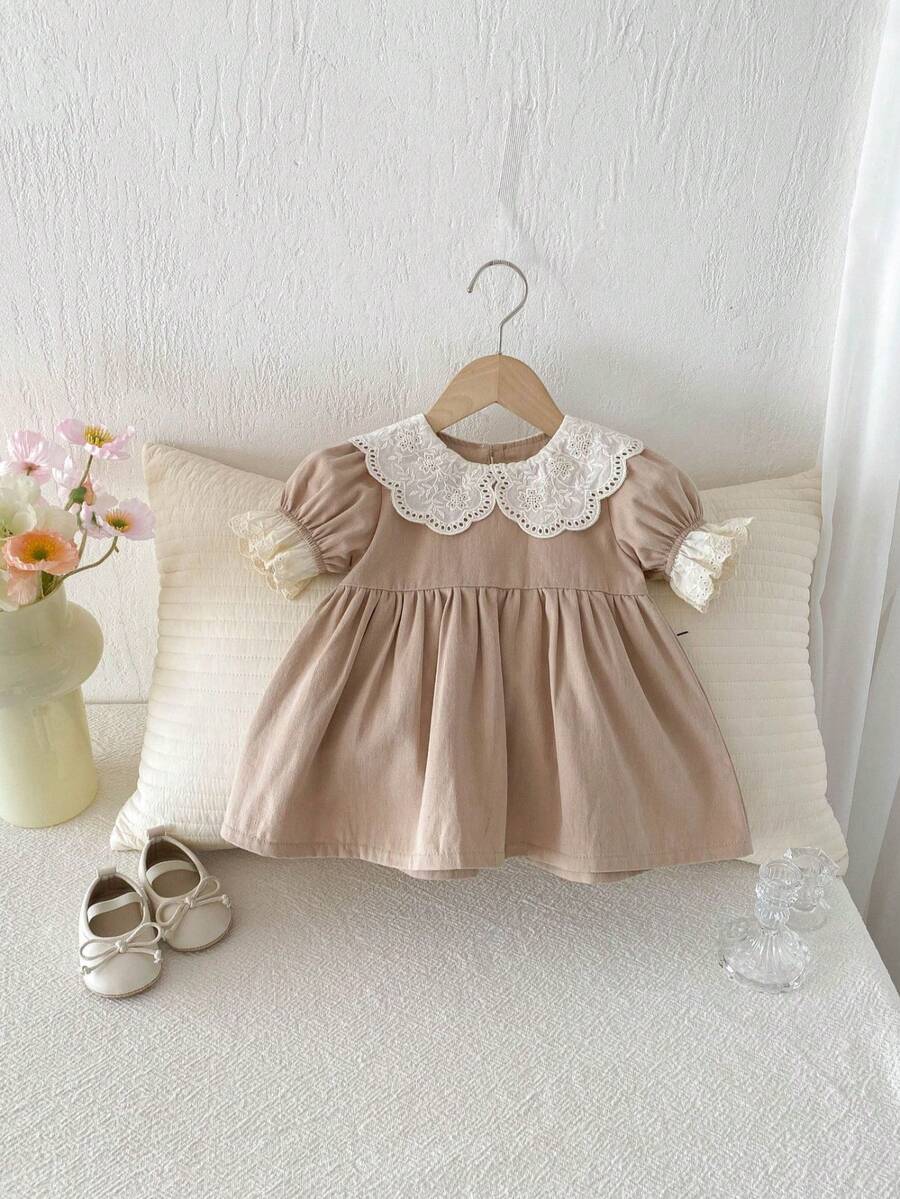 Toddler Girls' Loose Fit Hollow Out Peter Pan Collar Short Sleeve Dress, Spring/Autumn, Runs Slightly Large