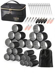 50件套自粘卷发器和发夹套装，包含24个自粘卷发器、24个鸭嘴夹、1个化妆包，美发沙龙卷发器，DIY造型 - 彩色 - 查看 1