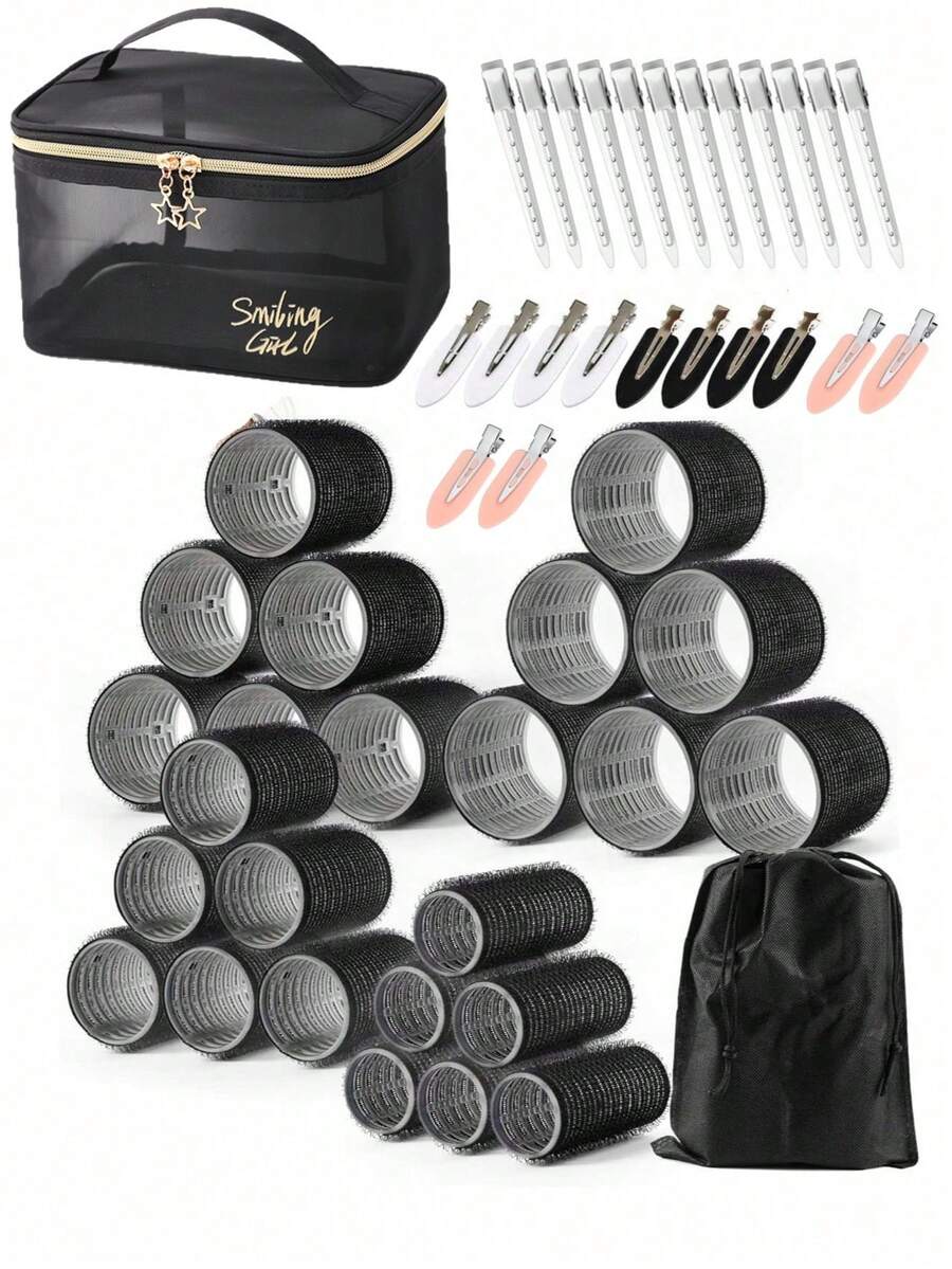 50件套自粘卷发器和发夹套装，包含24个自粘卷发器、24个鸭嘴夹、1个化妆包，美发沙龙卷发器，DIY造型 - 彩色 - 查看 1