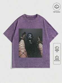 Summer TopsHalloween Retro Washed T-Shirt Scream Ghostface Heart Hands Graphic Tees Water Washing Print T-Shirt, Vintage T-Shirt,Short Sleeves Crew Ne - 紫羅蘭色 - 查看 1