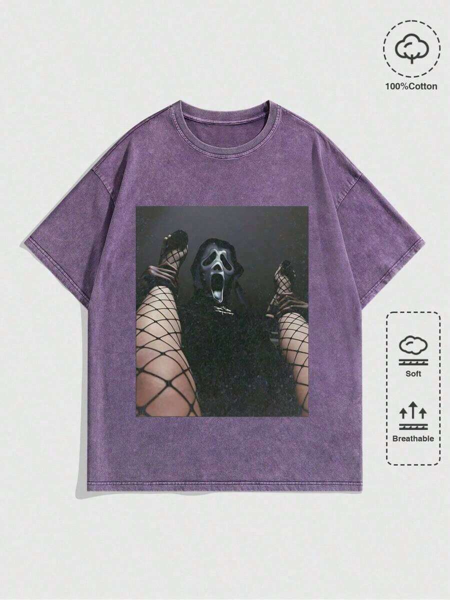 Summer TopsHalloween Retro Washed T-Shirt Scream Ghostface Heart Hands Graphic Tees Water Washing Print T-Shirt, Vintage T-Shirt,Short Sleeves Crew Ne - 紫羅蘭色 - 查看 1