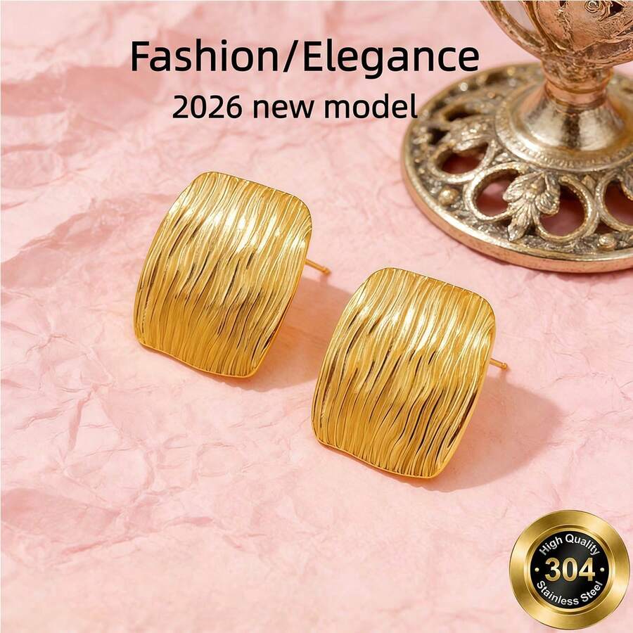 A Pair Of Stylish And Simple Line Texture-Precise Women's Earrings - 14K Gold-Plated Irregular Design Ring-Shaped Earrings, Elegant And Refined Ladies' Earrings, Suitable For Daily Wear / Parties / Wedding Venues / Birthday Banquets - Fashionable Jewelry, The Best Gift - Gold - View 1
