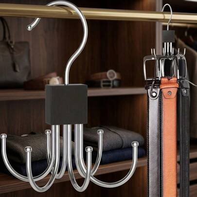 Rotating Wooden Top Belt Rack High-Capacity Multi-Purpose Wardrobe Organizer Stainless Steel Hooks For Belts Bras Vests Ties Scarves Fashionable Closet Storage Accessories Space-Saving