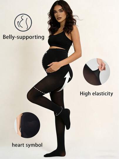 1 Pc Women's Maternity Tights Spring Autumn Adjustable Belly Support Black Stirrup Leggings | Comfy For Pregnant Moms | Outdoor Daily Wear | Suitable For 10-25℃