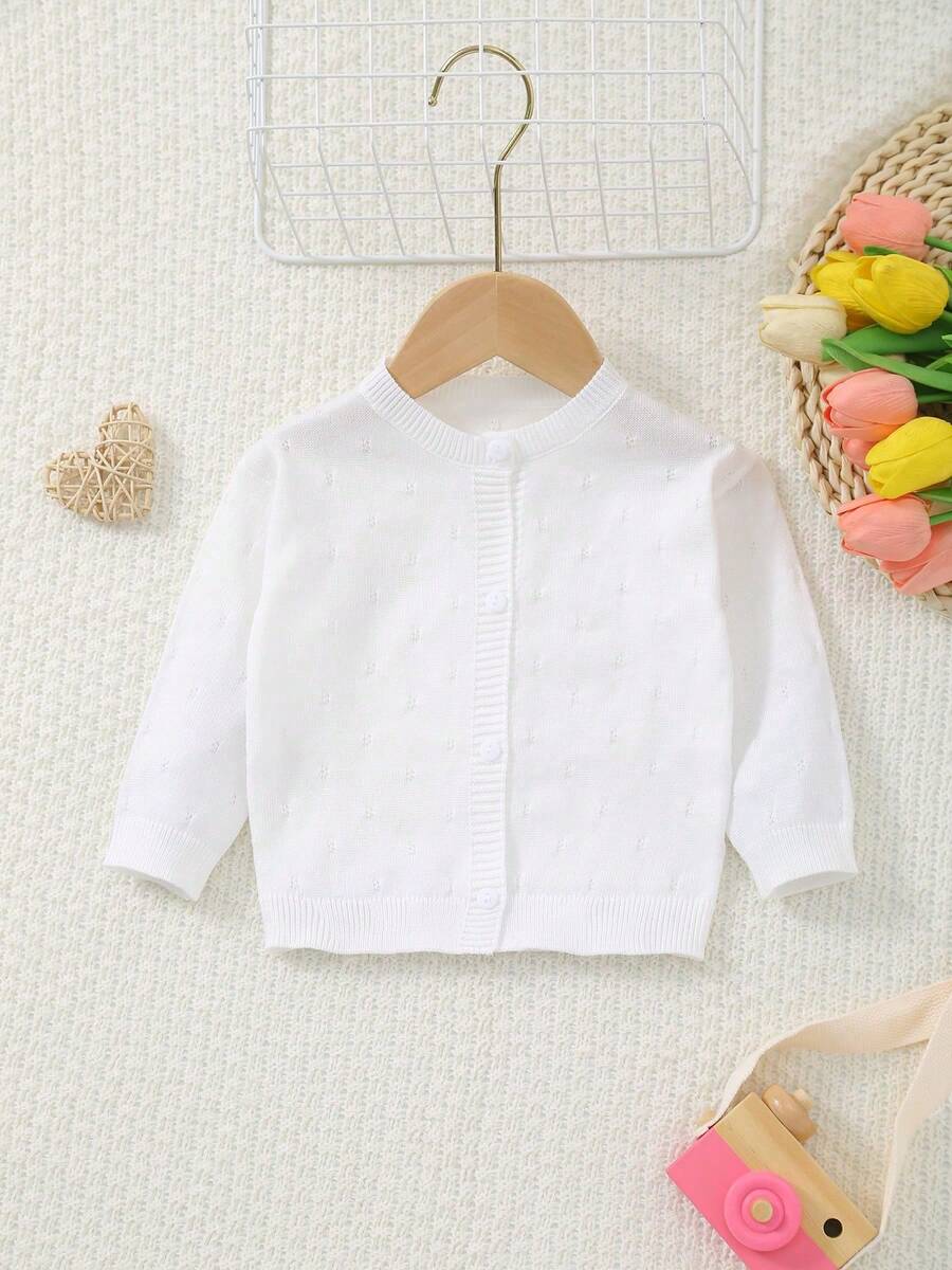 Áo khoác cardigan dệt kim cổ tròn, màu trơn, có lỗ thoáng khí cho bé sơ sinh - trắng - Xem 1