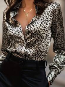 Plus Size Women Elegant Blouse, Classic Snake Skin Print Satin Sexy Open Front Shirt, Fashionable & Versatile Spring - Silver - View 2
