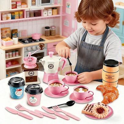 儿童仿真咖啡机玩具套装，蒙特梭利厨房角色扮演下午茶派对玩具套装，包含自制甜点小吃、仿真意式咖啡机、杯子、蛋糕和餐具配件，适合男孩女孩的早教益智玩具，互动式咖啡师咖啡馆游戏，锻炼精细动作技能，激发想象力的厨房游戏套装