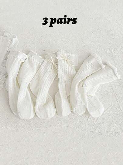 3 Pairs Spring/Summer Girls' Breathable Mesh Lolita Princess Socks, Pure White Lace Bow Socks