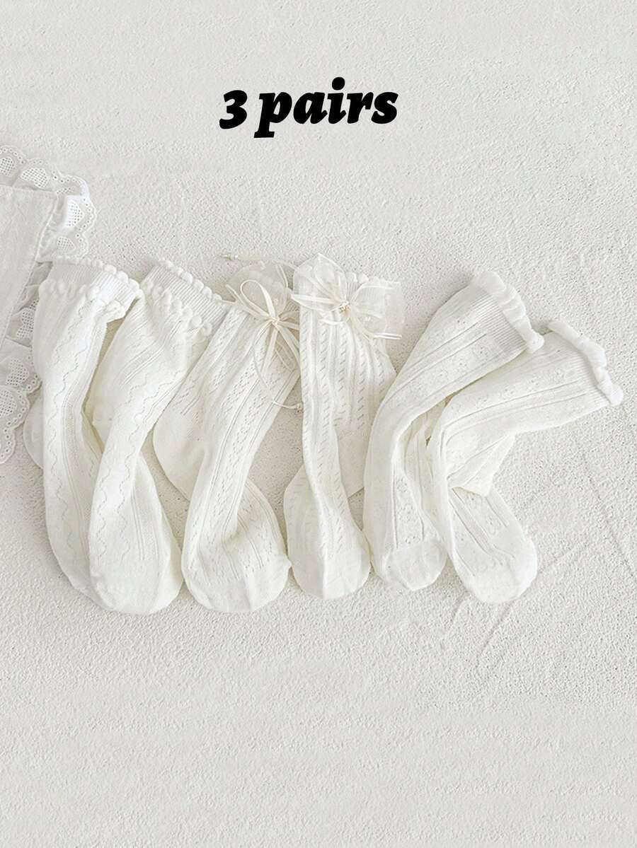 3双春夏女童透气网眼洛丽塔公主袜，纯白色蕾丝蝴蝶结袜 - 彩色 - 查看 1