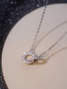 S925 Sterling Silver Double-Layer Ring Necklace, Gold-Plated Zirconia Inlaid, Minimalist Delicate Choker Necklace, Versatile For Daily Wear And Parties, Birthday/Christmas Gift Box - Silver - View 5