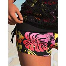 Black Mesh Floral Tankini Swimsuit For Women, Tropical Print Two Piece Bathing Suit, Boyshort Bottoms, Tummy Control Swimwear, Summer Beach Pool - 多色107 - 查看 4