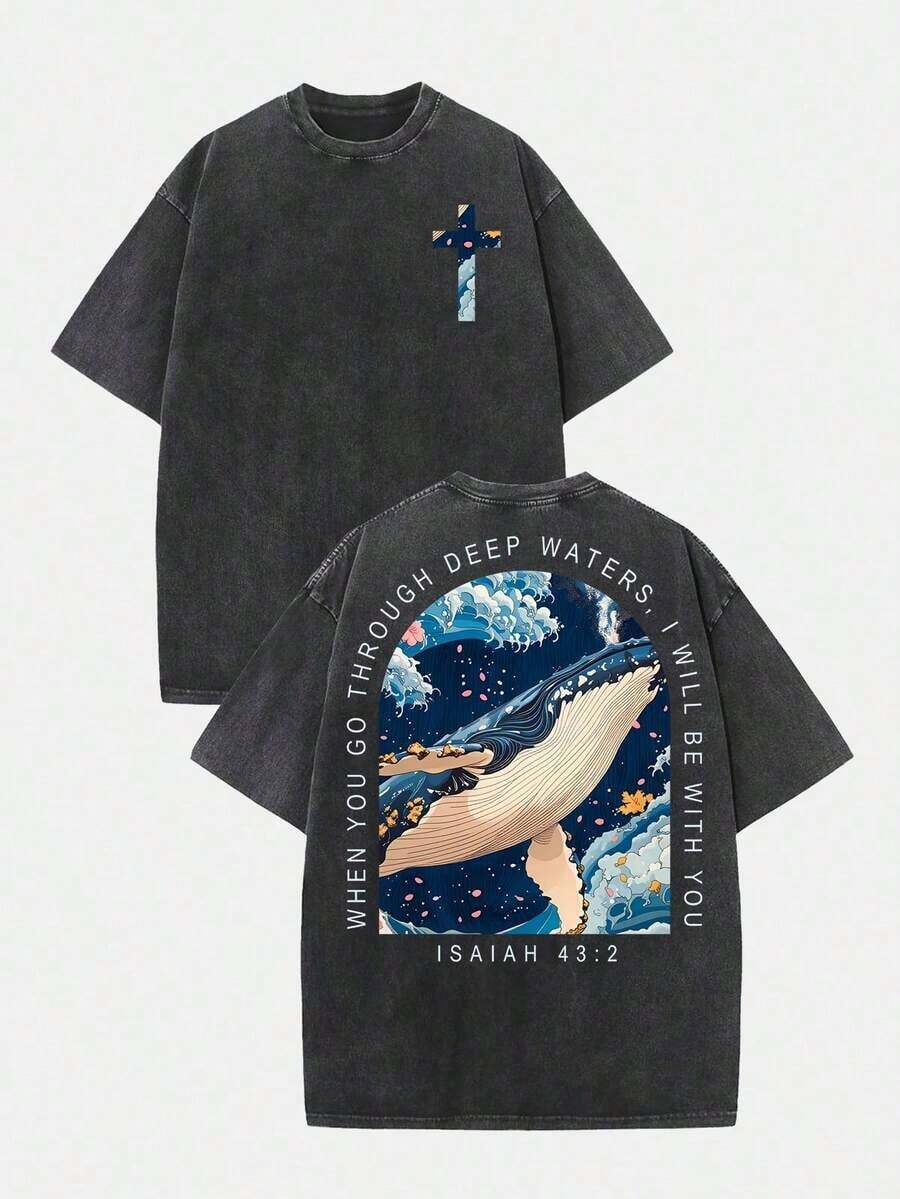 2026 Summer Clothes(230g T-Shirt) Loose Washed Cotton "When You Go Through Deep Waters" Turtle Graphic T-Shirt, Comfortable Christian Faith Tee With - Black 2 - 查看 1